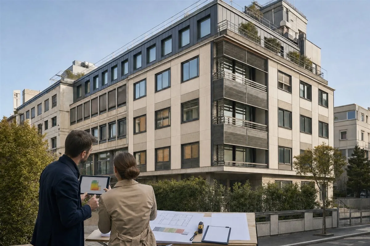 Due professionisti analizzano un edificio esistente con tablet e planimetrie per la due diligence e la riqualificazione energetica.