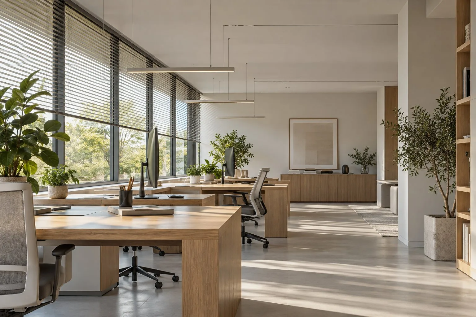 Ufficio con scrivanie, ampie finestre schermate e corpi illuminanti lineari.